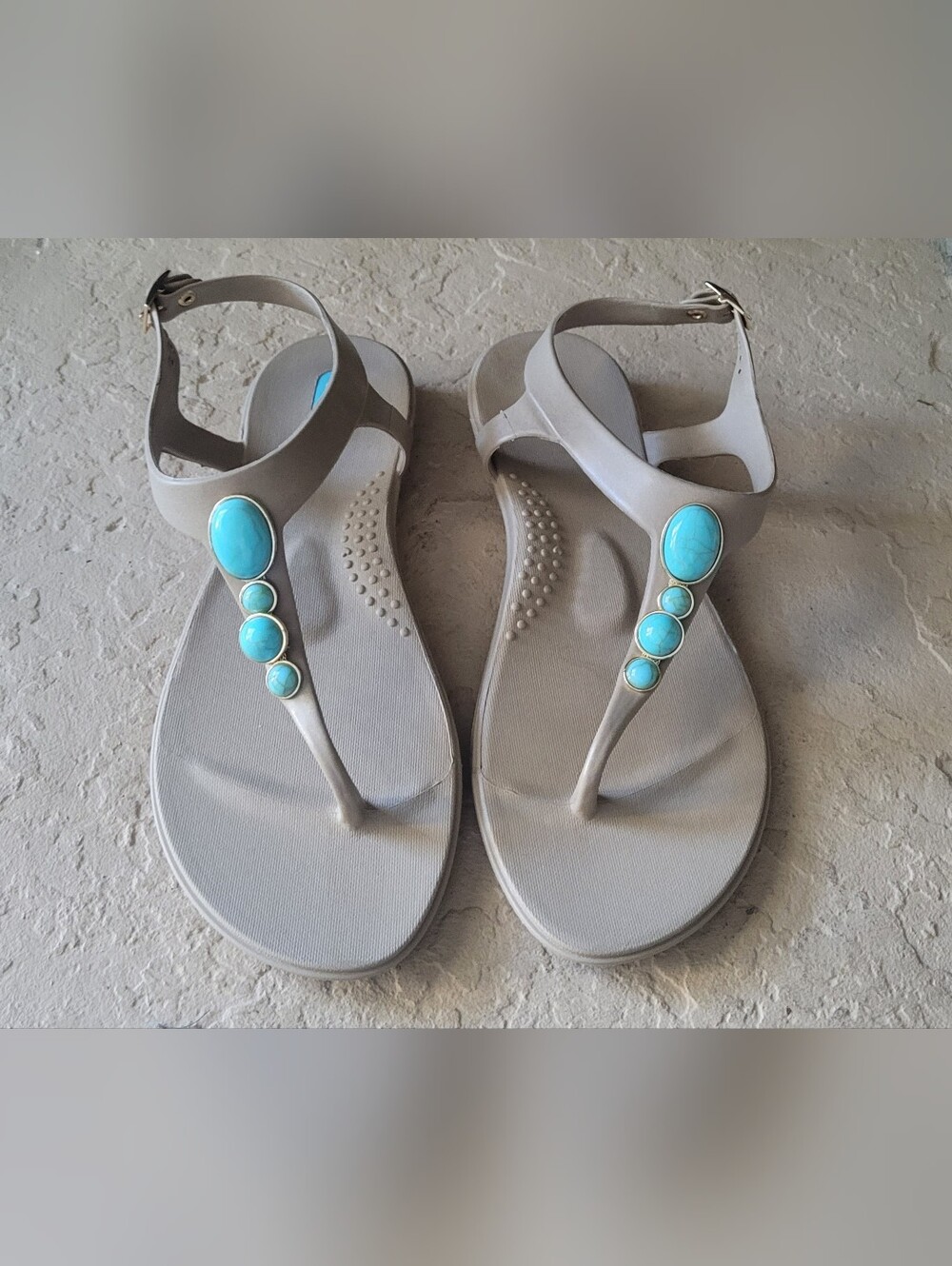 Size 8 Okab Isla Boho Turquoise Beaded T-Strap Tan Flat Women Sandals